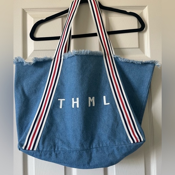 THML Denim Tote Shoulder Bag Cotton Canvas Beach Casual Blue Size Large - Picture 3 of 10
